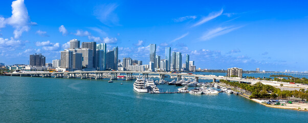 USA, scenic Miami harbor panoramic skyline close to Miami port and Biscayne bay.