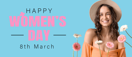 Beautiful young woman with spring flowers on blue background