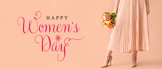 Young woman with bouquet of beautiful tulips on brown background