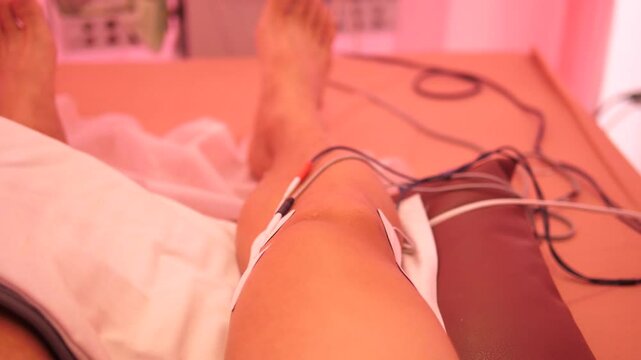 Athlete Undergoing Electrical Stimulation Therapy for Knee Injury at a Physical Therapy Clinic
