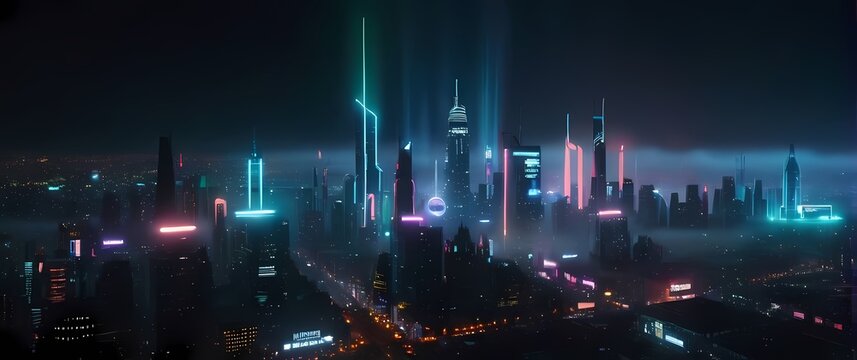 Futuristic city skyline illuminated by neon lights against a dark night sky