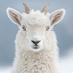 Obraz premium Fluffy white sheep winter portrait, snowy background, farm animal.