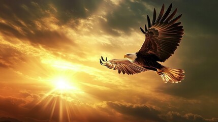 Obraz premium A majestic eagle soars through a vibrant sunset, symbolizing freedom and strength.