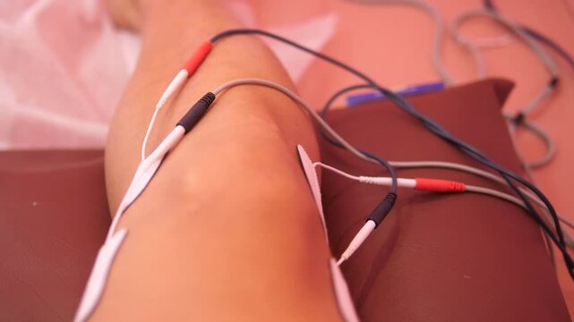 Athlete Undergoing Electrical Stimulation Therapy for Knee Injury at a Physical Therapy Clinic