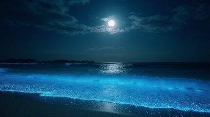 Full moon illuminating bioluminescent waves on tranquil beach