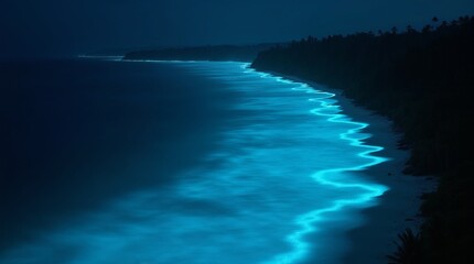 Glowing bioluminescent waves along dark tropical shoreline