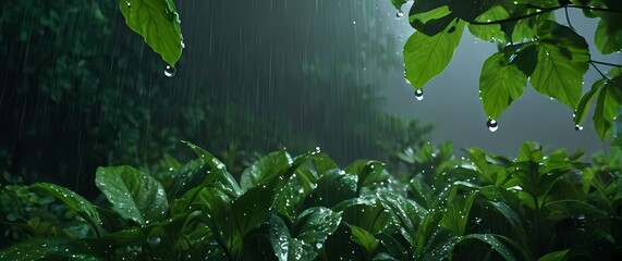 Glistening rain droplets on lush green foliage after a summer shower