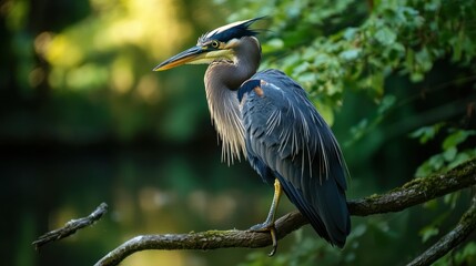 Obraz premium A majestic heron perched on a branch near a tranquil water body, showcasing nature's beauty.