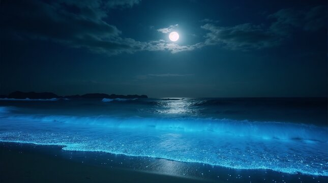 Full moon illuminating bioluminescent waves on tranquil beach