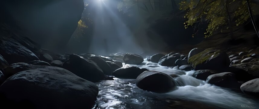 Glistening patterns created by water flowing over rocks in a stream
