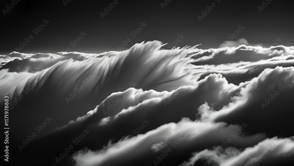 Poster a stunning close-up of clouds in grayscale, emphasizing their flowing forms and rich contrasts, crea