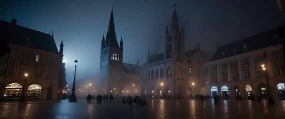 Gothic architecture towering over town squares illuminated at night