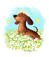 cute Dachshund dog in the chamomile flowers meadow
