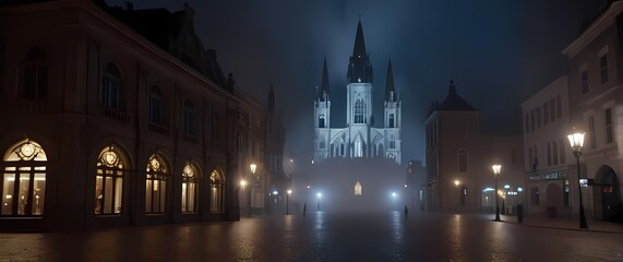 Fototapeta premium Gothic architecture towering over town squares illuminated at night
