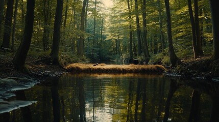 Obraz premium Serene forest stream reflecting sunlight, tranquil nature scene.
