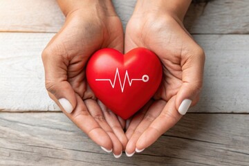 Fototapeta premium A pair of human hands gently holding a vibrant red heart, symbolizing compassion, heart disease awareness, and the importance of cardiovascular health care.