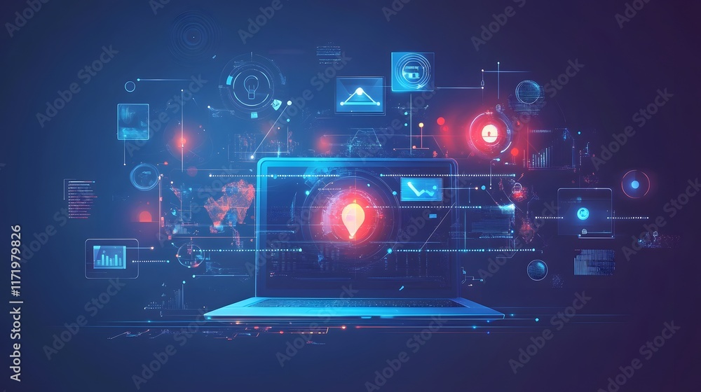 Poster global network data visualized on laptop screen, showcasing interconnectedness and information flow.