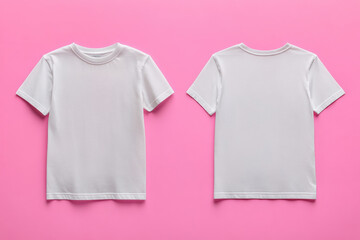 Two white t-shirts on pink background.