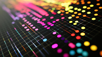 Fototapeta premium A digital scatter plot chart with animated dots moving fluidly across the grid, leaving colorful trails behind them, creating a dynamic and interactive visual.