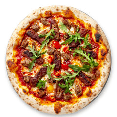 Delicious merguez and ground meat pizza topped with egg on a clean white background