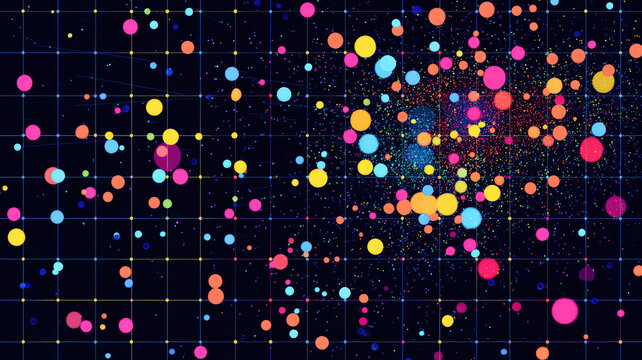 A digital scatter plot chart with animated dots moving fluidly across the grid, leaving colorful trails behind them, creating a dynamic and interactive visual.