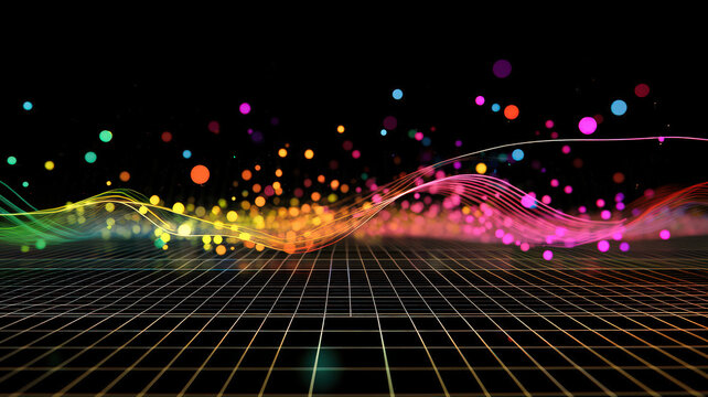 A digital scatter plot chart with animated dots moving fluidly across the grid, leaving colorful trails behind them, creating a dynamic and interactive visual.
