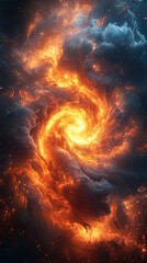 Abstract swirling energy spiral in vibrant orange, red, and yellow, set against a dark background, symbolizing powerful motion, vitality, and dynamic transformation
