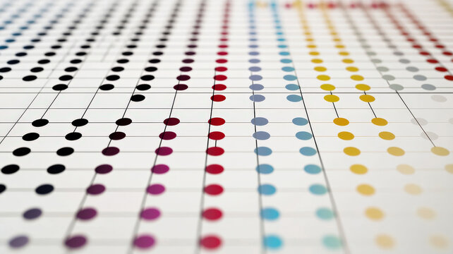 A digital scatter plot chart with animated dots moving fluidly across the grid, leaving colorful trails behind them, creating a dynamic and interactive visual.