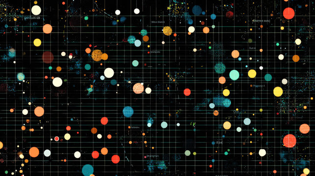 A digital scatter plot chart with animated dots moving fluidly across the grid, leaving colorful trails behind them, creating a dynamic and interactive visual.