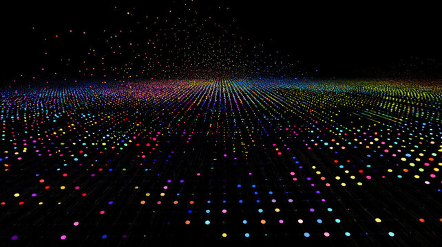 A digital scatter plot chart with animated dots moving fluidly across the grid, leaving colorful trails behind them, creating a dynamic and interactive visual.