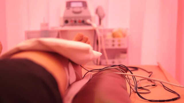 Athlete Undergoing Electrical Stimulation Therapy for Knee Injury at a Physical Therapy Clinic