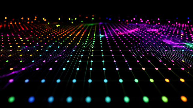 A digital scatter plot chart with animated dots moving fluidly across the grid, leaving colorful trails behind them, creating a dynamic and interactive visual.