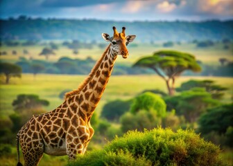 Obraz premium Tilt-shift transforms Rothschild giraffes into a whimsical miniature world, highlighting their endangered status.