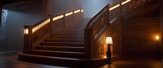 Intricate designs of a wooden staircase captured in soft light