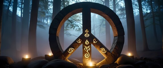 Intricate designs of peace symbols created with natural elements like stones and wood