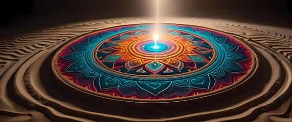 Intricate mandala created with colorful sand representing tranquility