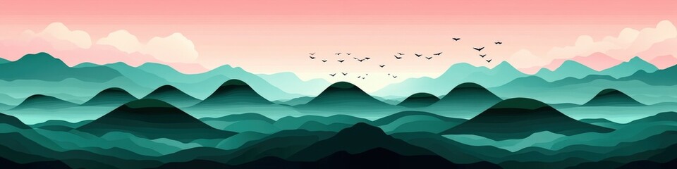 Stunning Digital Art of Serene Green Mountains with Pink Sky and Flock of Birds - Tranquil Nature Landscape for Desktop Wallpaper and Inspirational Decor