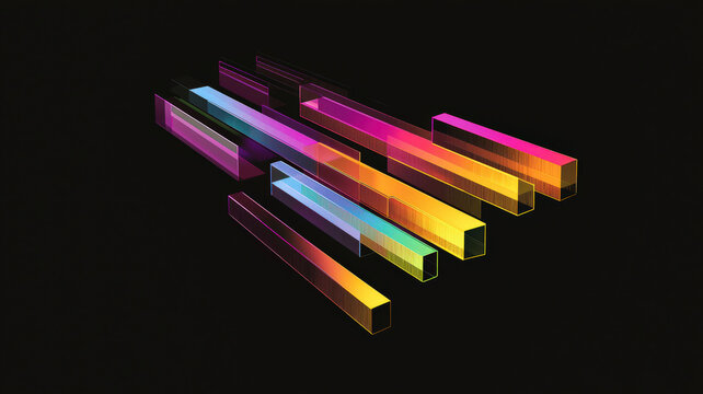 A digital smartboard displaying 3D bar charts and scatter plots with floating data points, designed for a sleek, modern business presentation.