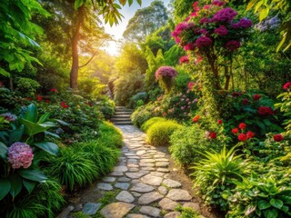 Tranquil garden: a picturesque stone path meanders through lush greenery, perfect for nature photography.