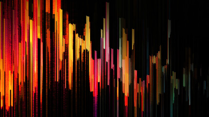 Fototapeta premium A digital stacked bar chart with animated elements, where each segment slowly grows and shrinks, representing fluctuating data over time, set against a sleek black background.