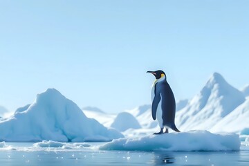 Obraz premium A majestic Emperor penguin stands gracefully on an ice floe in Antarctica, surrounded by stunning icy landscapes with copy space for text