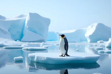 A majestic Emperor penguin stands gracefully on an ice floe in Antarctica, surrounded by stunning icy landscapes with copy space for text