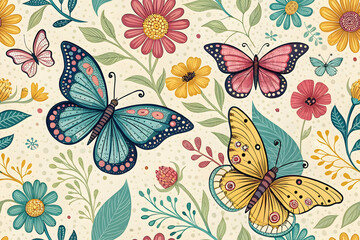 A seamless pattern background,  butterfly and flower , fabric , textile ,home decorate., wallpaper