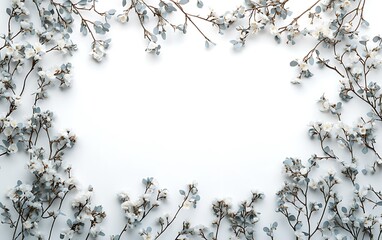 Floral frame, white background, spring blossoms, flatlay, design template.