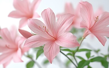 Obraz premium Pink flowers bloom, close-up view, soft background, for greeting cards.