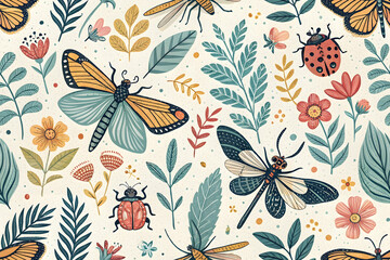 A seamless pattern dragonfly with flowers ,background, fabric , home decorate.
