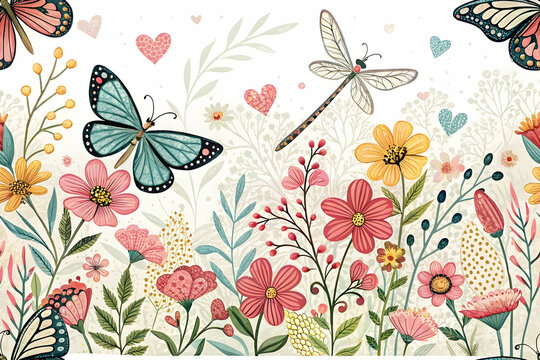 A seamless pattern butterfly  dragonfly with flowers ,background, fabric , home decorate.