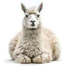 Obraz premium Fluffy white alpaca sitting, studio shot, isolated background. Ideal for textile, pet, or farm websites.