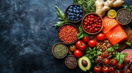 Colorful healthy vegetable arrangement on slate background