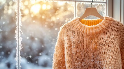 Obraz premium Cozy peach sweater hanging by frosty window.